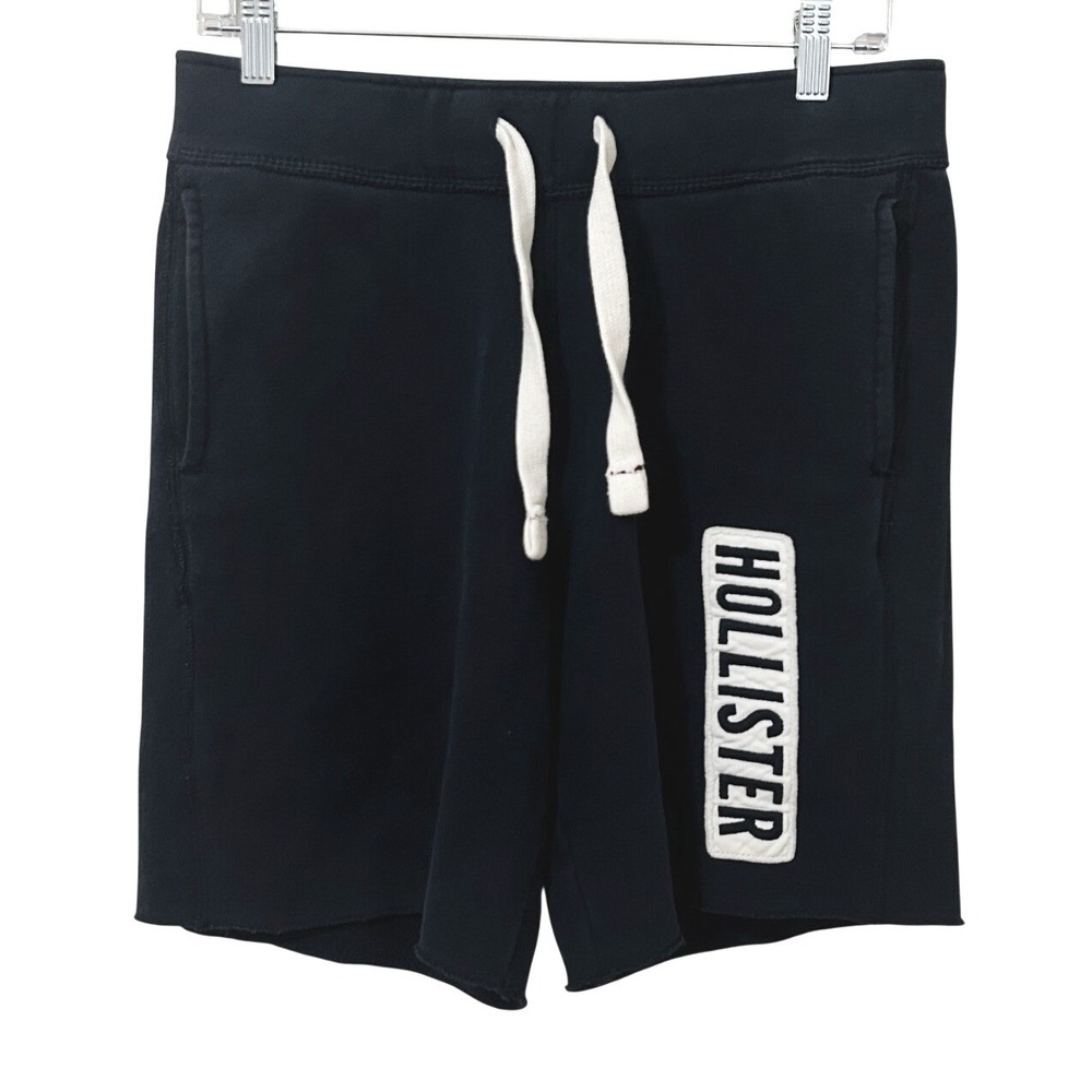 Hollister Vintage Y2K Mens Navy Blue Fleece Sweat Shorts Logo Raw Hem Size S
